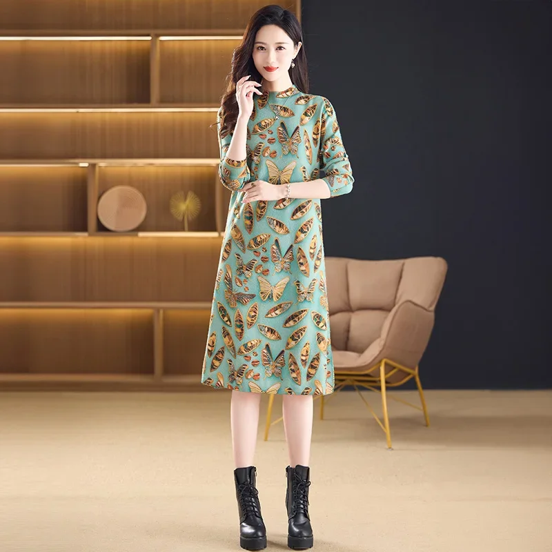 Women Commute Elegant Slim O-neck Dress Autumn Winter Fashionable Butterfly Pattern Comfort Soft Wool Warm Knitted Dress