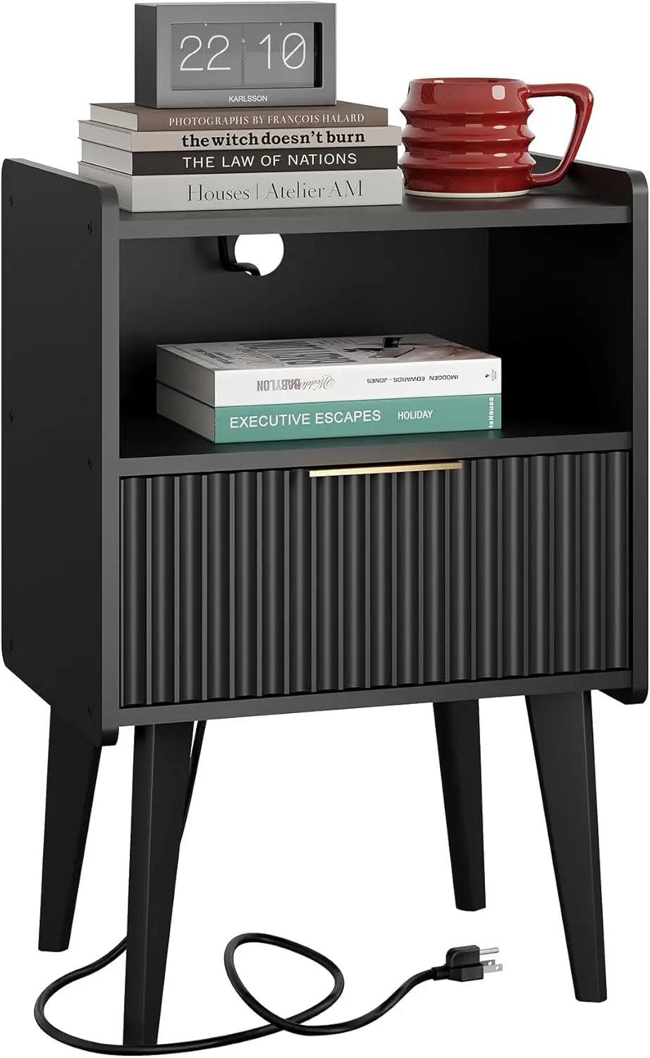 

Fluted Nightstand with Charging Station, Modern Bedside Table with Drawer,Black Nightstand with Solid Wood Legs, End Table,Si