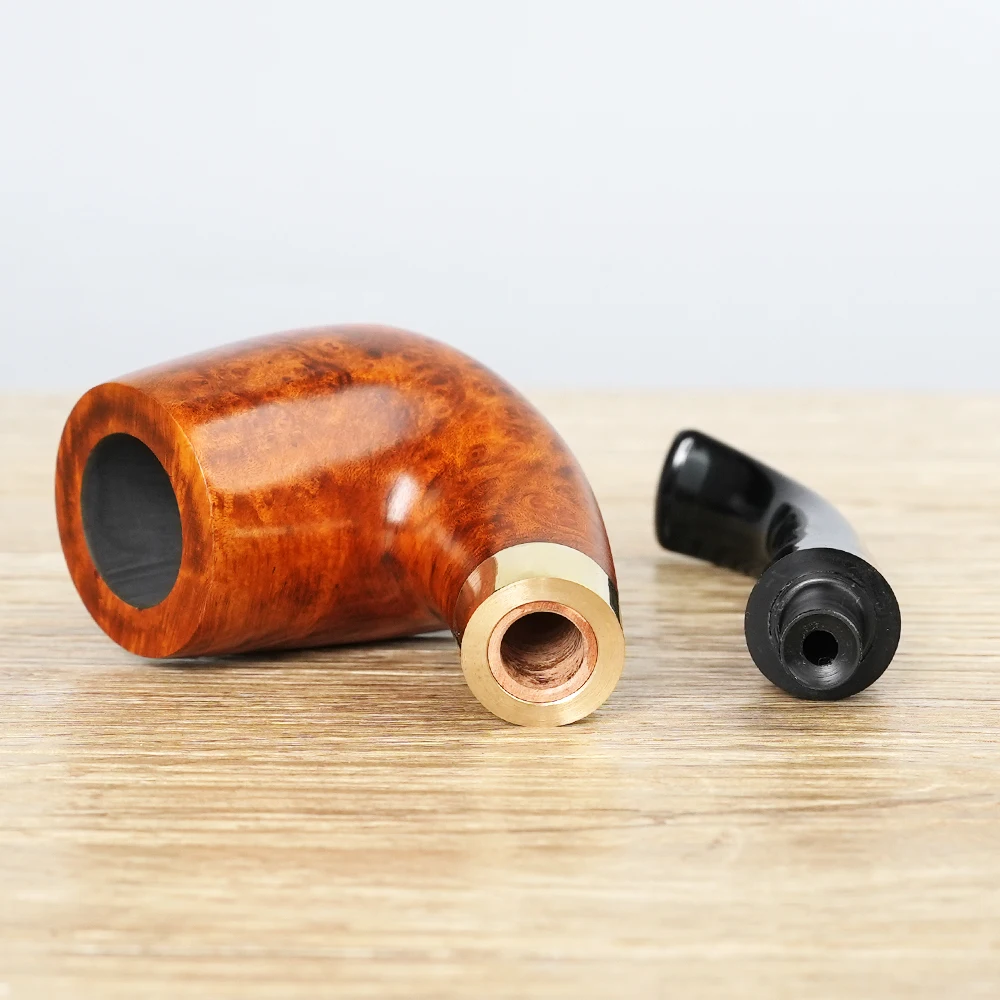 MUXIANG Handmade Briar Wood Tobacco Pipe, Sherlock Holmes Bent Stem With Metal Ring, 3mm Bore