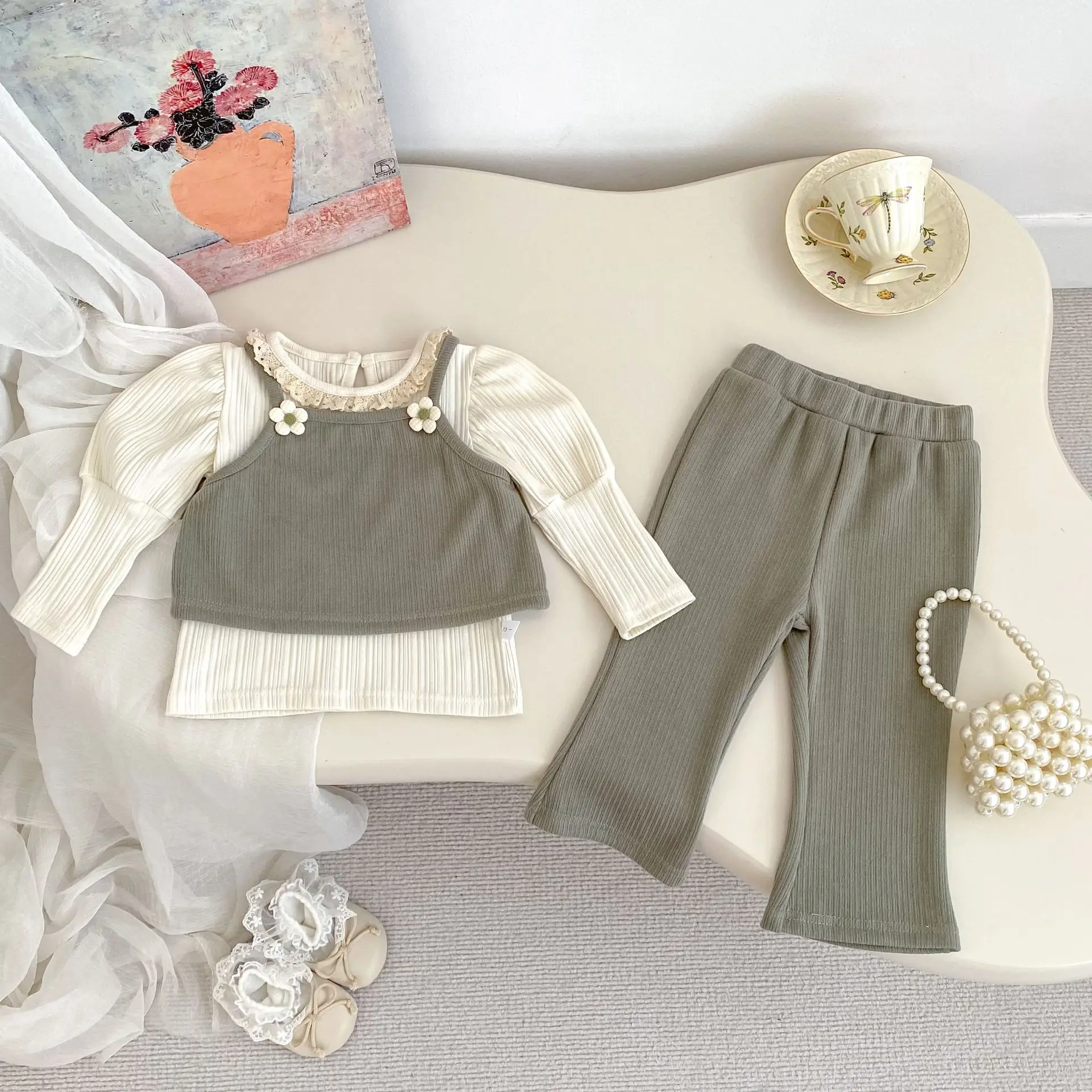 2025 Autumn New Baby Sleeveless Clothes Set Girls Cute Flower Vest + Flared Pants 2pcs Suit Kids Toddler Sweet Solid Outfits