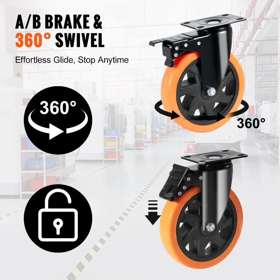 Roulettes à plaques pivotantes de 6 pouces, lot de 4 avec verrouillage de sécurité A B, roues en PVC sans bruit, capacité de charge robuste de 700 lb