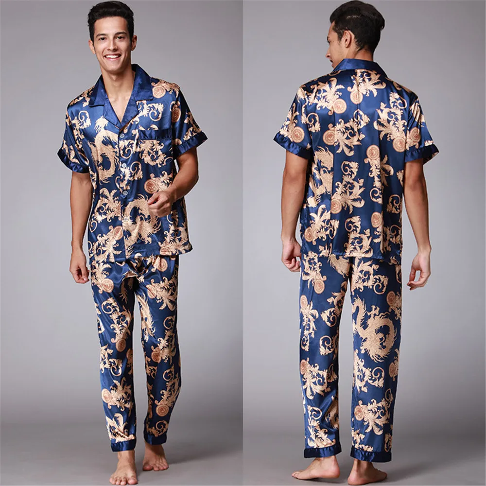 Men Dragon Print Pajama Sets Sleepwear For Man Shirt Silk Short Sleeve Sleeping Satin Home Night Wear Plus Size Loungewear