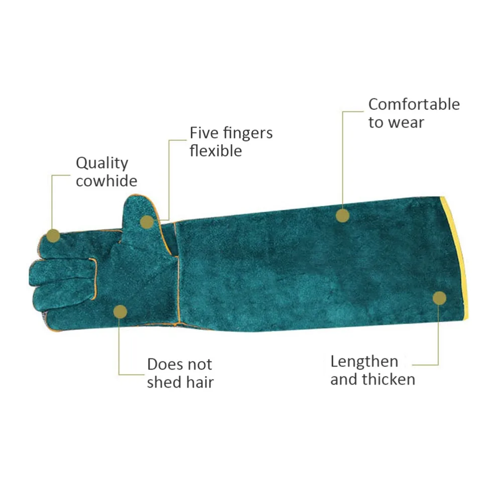 1 pair Double Layer Construction Animal Handling Gloves Inner Canvas Lining Outer Cowhide Leather Reptile Safety Gloves