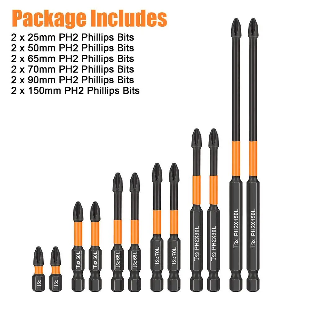 12Pcs PH2 Magnetic Screwdriver Drill Bits 1/4” Hex-Shank Strong Magnets Excellent Hardness Impact Driver Bit Set