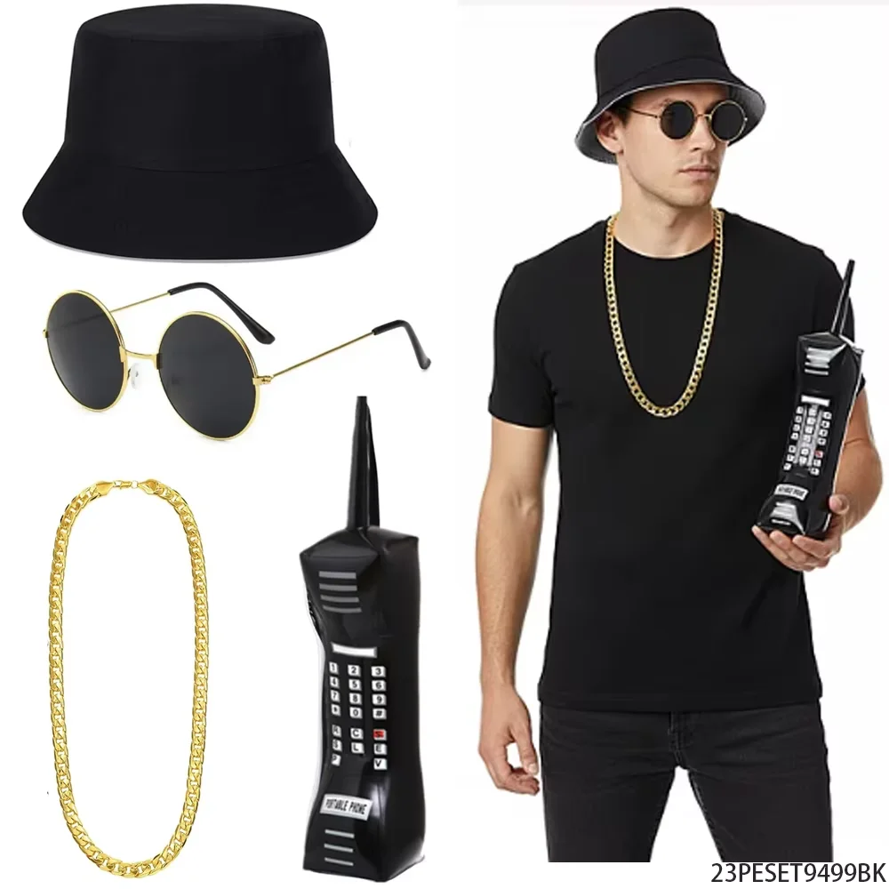 PESENAR Conjunto de fantasia retrô hip hop dos anos 90, chapéu balde, óculos de sol, corrente dourada, retrô, acessório de festa para celular