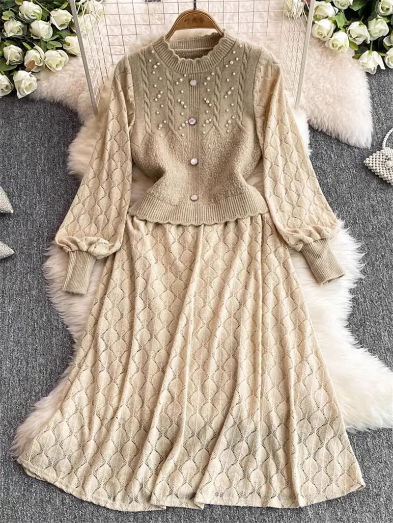 Winter Long Sleeved Nail Bead Dress For Women 2024 New Collection Waist Slim Temperament  Elegant Knitted Splicing Dress A495