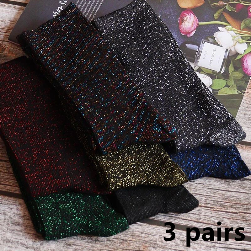 

3 pairs luxurious sexy flash socks Korean fashion filigree socks solid color thick women's long socks