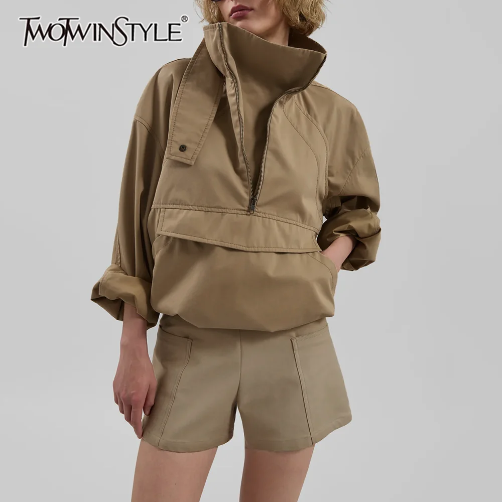 

TWOTWINSTYLE Solid Loose Spliced Zipper Vintage Coats for Women High Neck Long Sleeves Patchwork Pockets Fashion Coat Female New