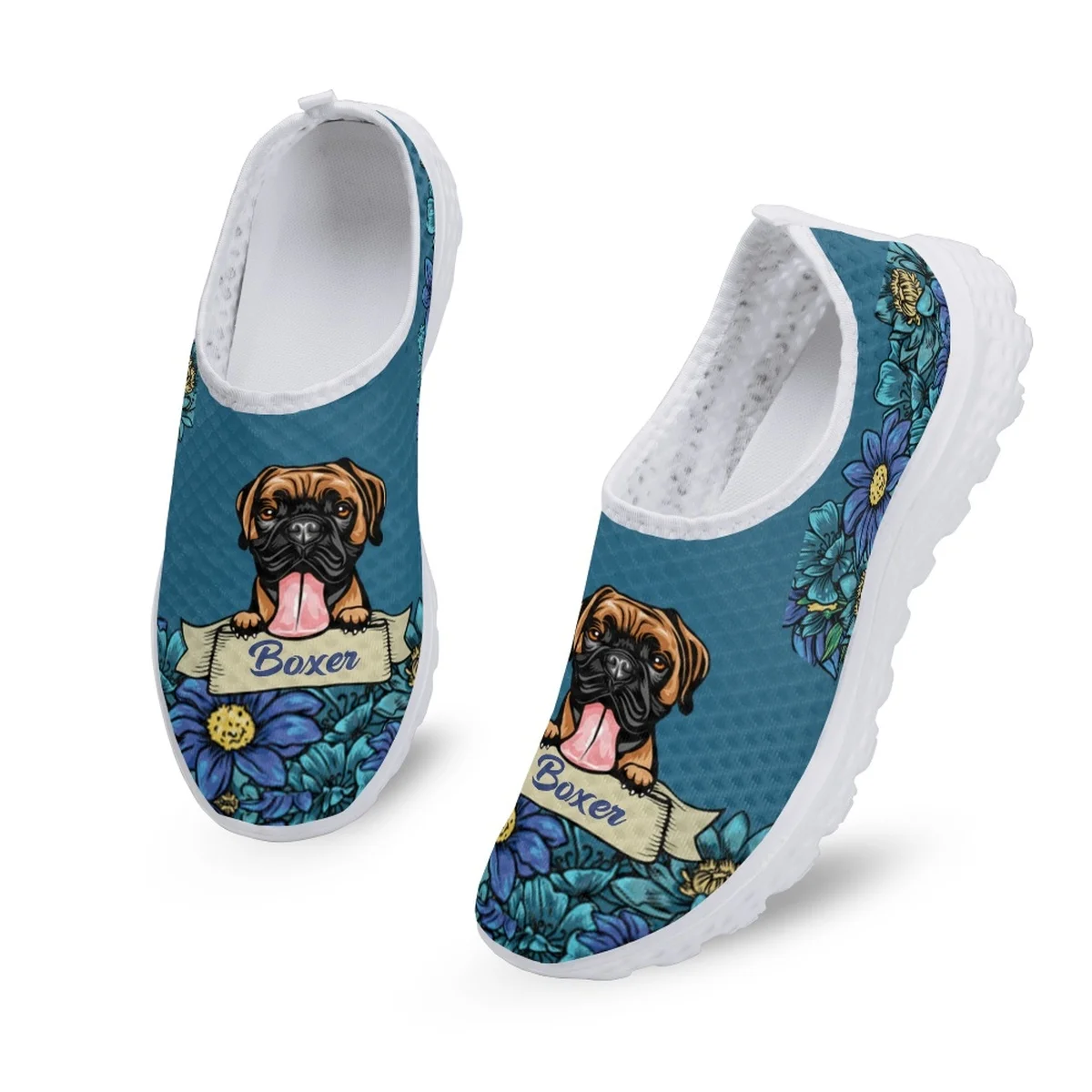 INSTANTARTS Lovely Boxer Dog Print Slip-on Mesh Shoes Custom Personalized Flats for Dog Lovers Floral Light Loafers for Mom Gift