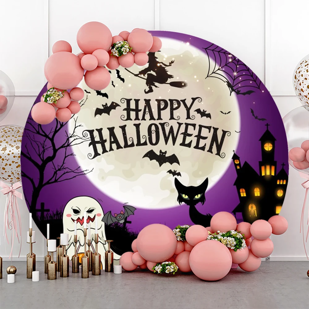 Happy Halloween Round Backdrop Cover for Photography Scary Night Moon Pumpkin Lantern Circle Background Photo Studio Props