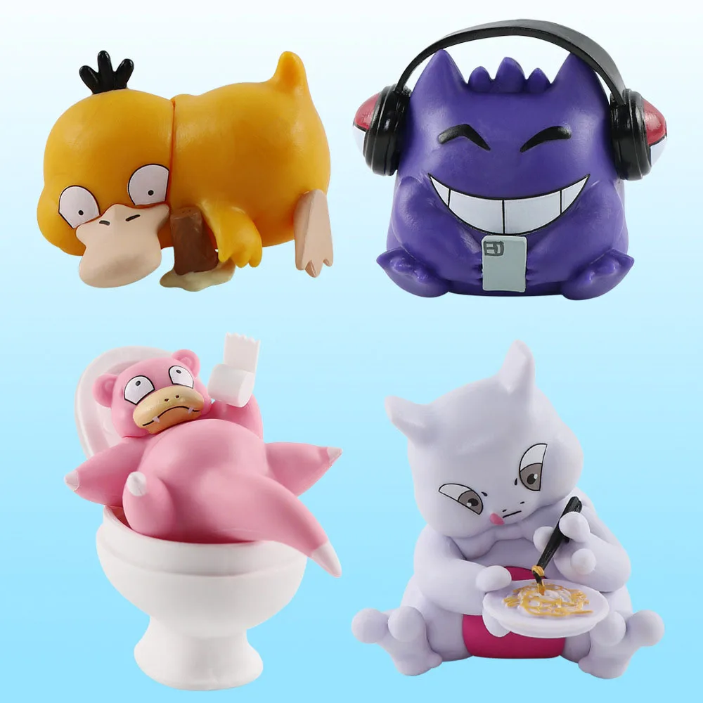 4Pcs/Set Pokemon pikachu Mewtwo Gengar Slowpoke Psyduck Action Figure Model Decoration Toys For Children's Christmas Gift