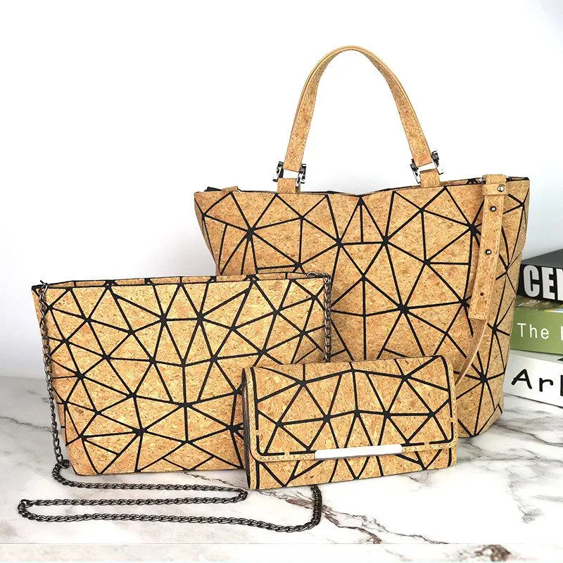 Wood Grain Soft Leather Crossbody Bag Set Three Pieces Geometric Diamond Pattern Shoulder Single Handbag Women's Daily Use