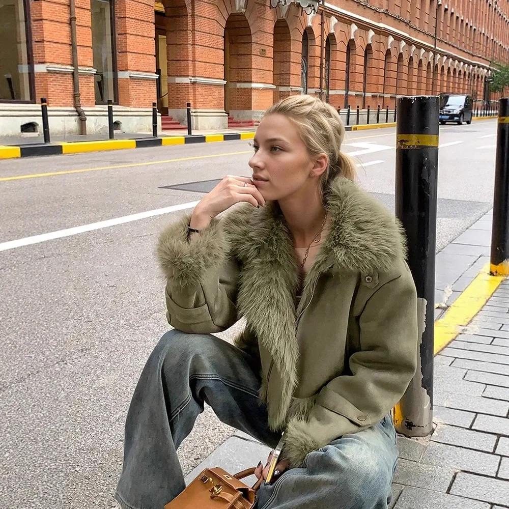 Deerskin, Plush Collar, Fur Integrated Locomotive Age-reducing Foreign Style Jacket Unique Texture Fashionable Simple Versatile