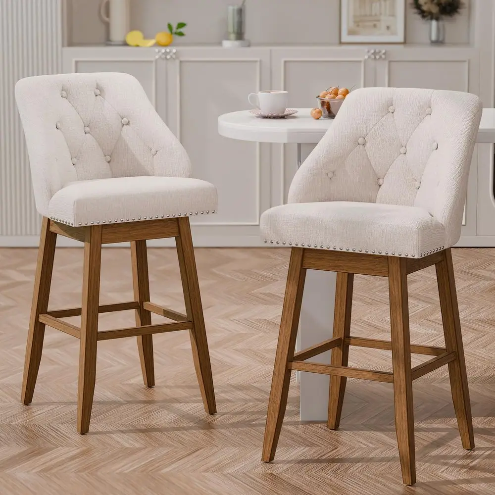 

Swivel Bar Stools with Tufted Back, 30 Bar Height Upholstered Barstool, Solid Wood Legs, Set of 2 Fabric Beige, 30 Set of 2