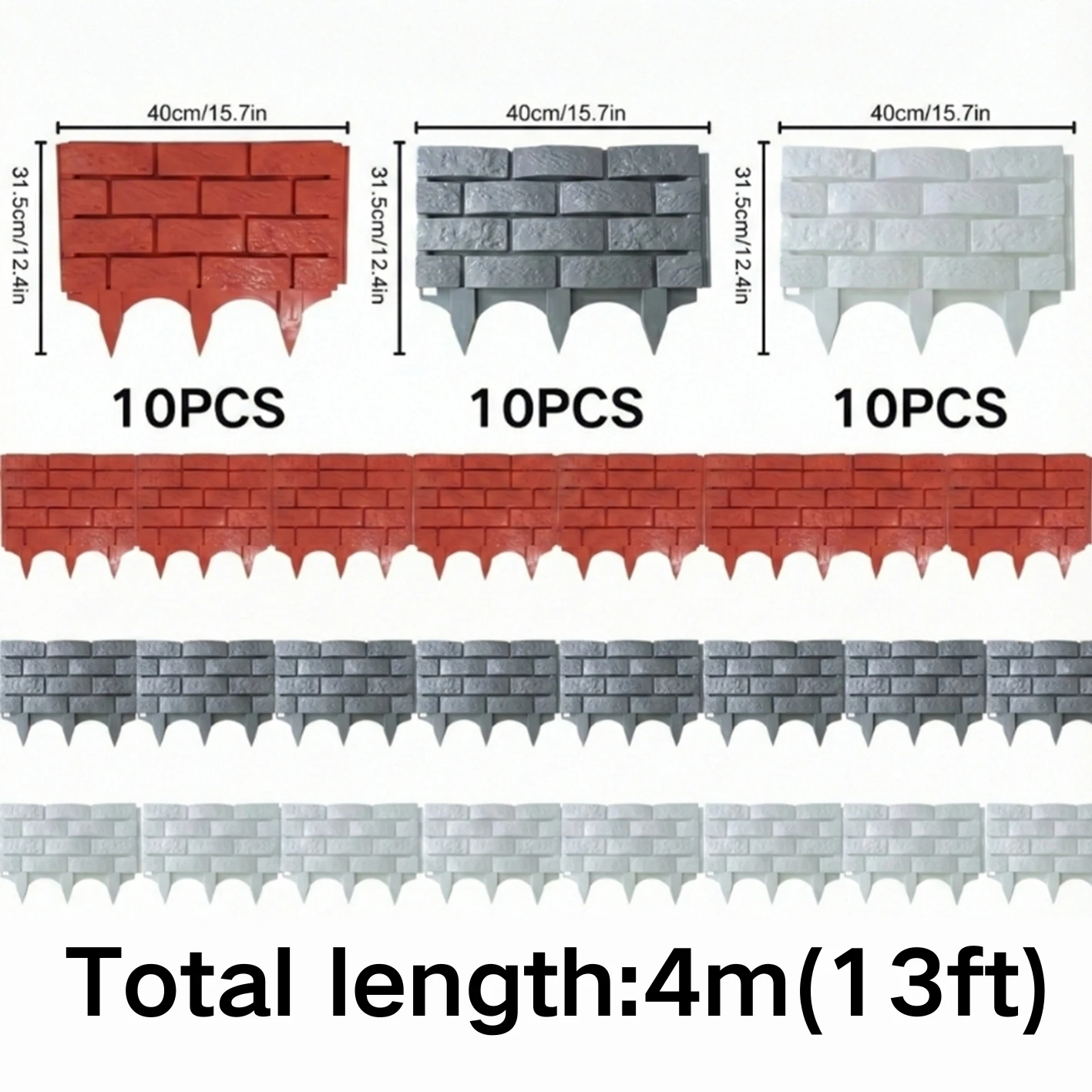 10 Pcs Garden Edging 4M (13ft) Long Plastic Landscape Edging Border for Lawn Yard Flower Bed Weed Block Fencing Decorative Groun