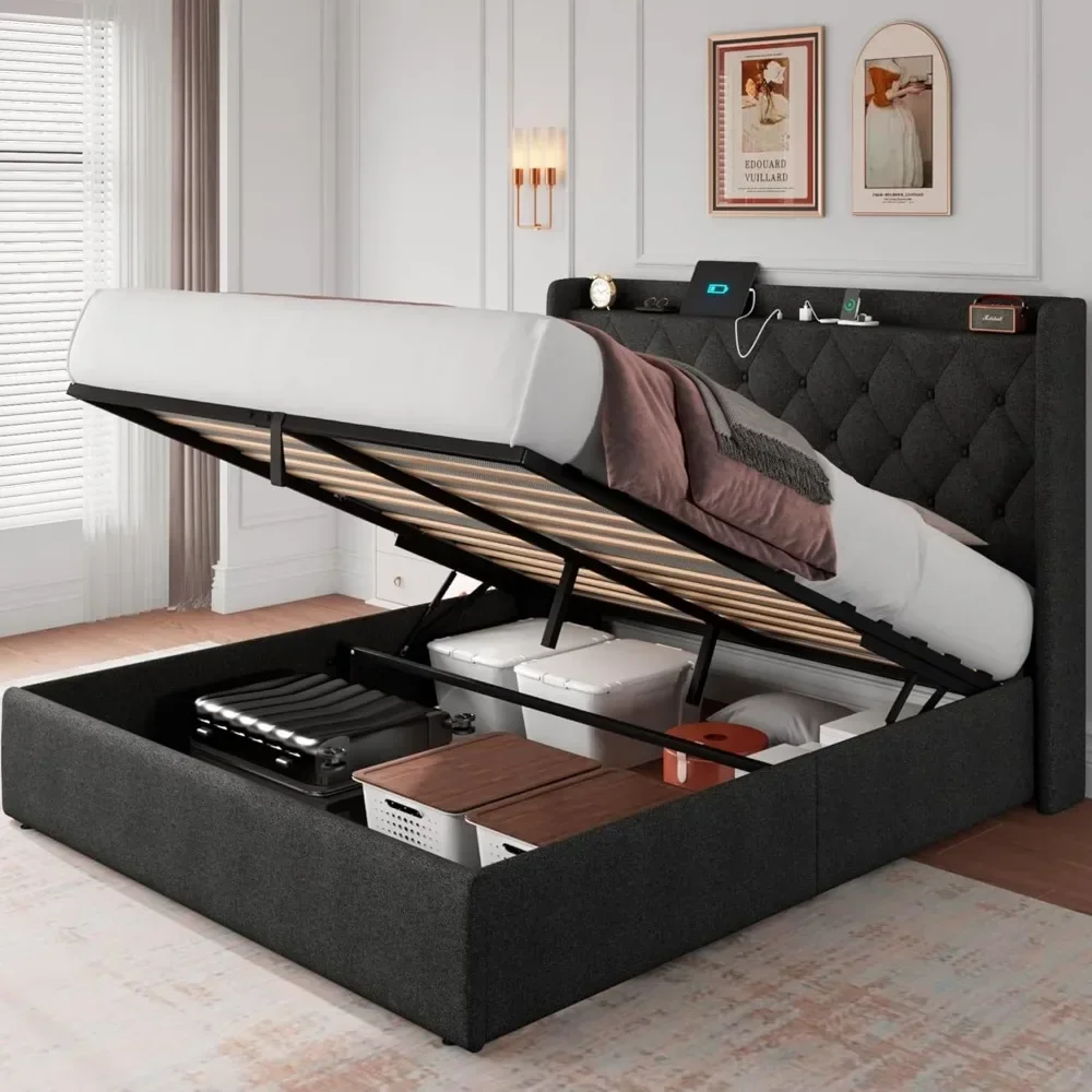 Bed Frame with Ample Lift Storage, Integrated Charging Station, Cushioned Platform, Tufted Headboard