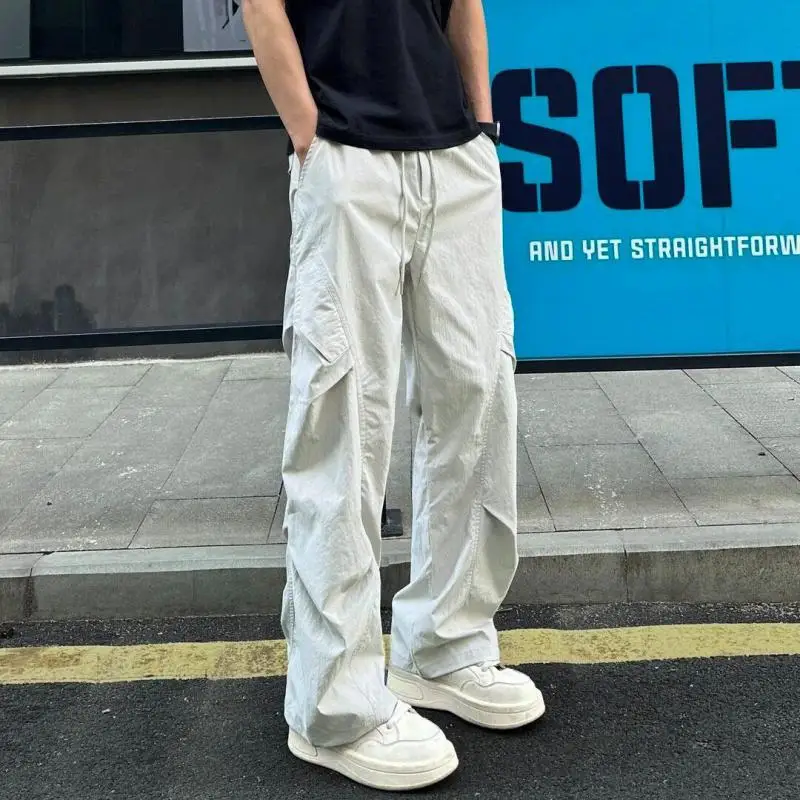 

S-4XL Men's Elastic Waist Drawstring Cargo Pants Pure Color Straight Leg Outdoor Quick-Dry Tactical Trousers for Hiking & Travel