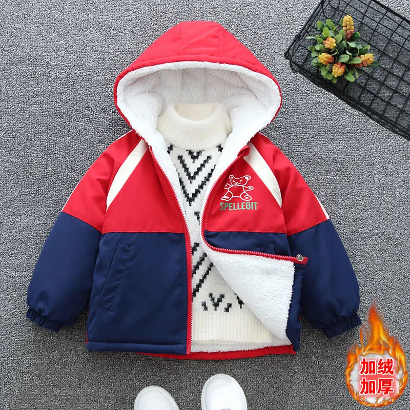 Winter Plush Thick Boys Coat Cartoon Bear Hooded Warm Outerwear for Kids Clothes Cotton Padded Jackets 2-8 Years Old