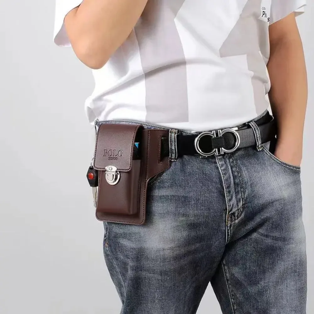 2024 Fashion New Men's Belt Leather Case Vertical Multifunctional Portable Phone Waistpack Card Bag Can Be Keyed Pu Leather Gift