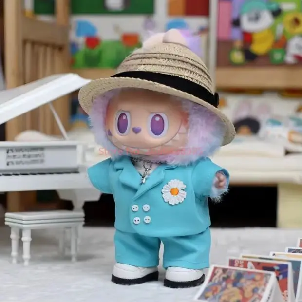 Labubu V1v2v3 muñeca colgante de 17cm estilo estrella traje azul/negro conjunto con sombrero traje de niño de moda DIY accesorios de ropa regalos