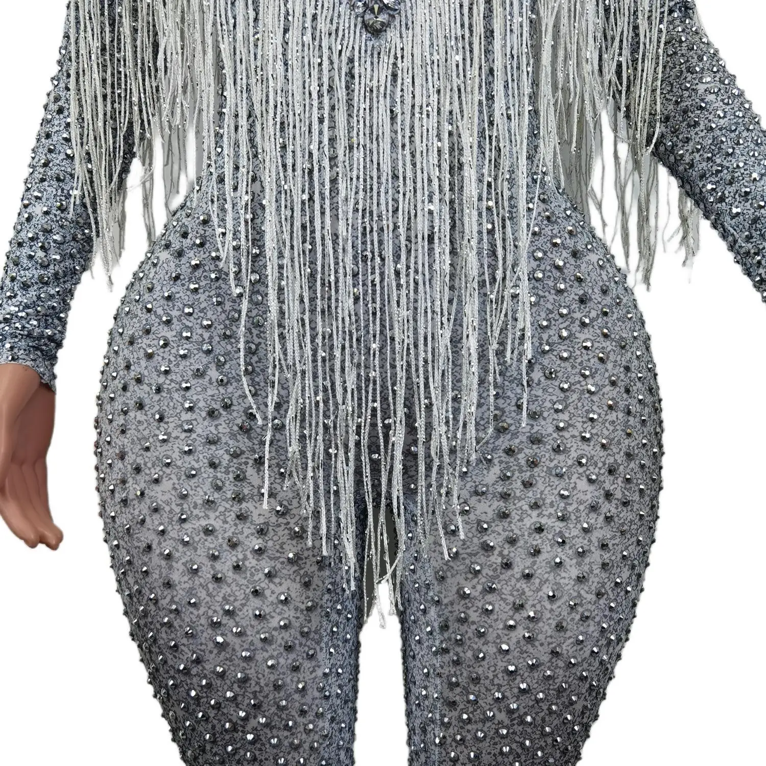 Shinny Kristalle Overall hell silberne Strass Quaste Bodysuit Frauen feiern luxuriöse Kostüm Stretch Overall Yiwan