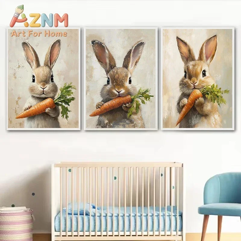Vintage Cute Easter Bunny Spring Flower Animal Rabbit Carrot Art Poster Prints Canvas Painting Wall Picture for Room Home Decor