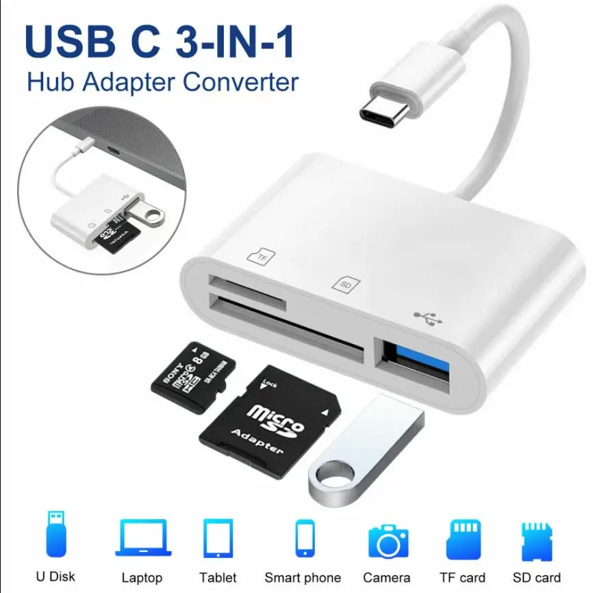 USB C 3 in 1 Hub Converter Type-C Adapter SD Card Reader For MacBook Pro Laptop