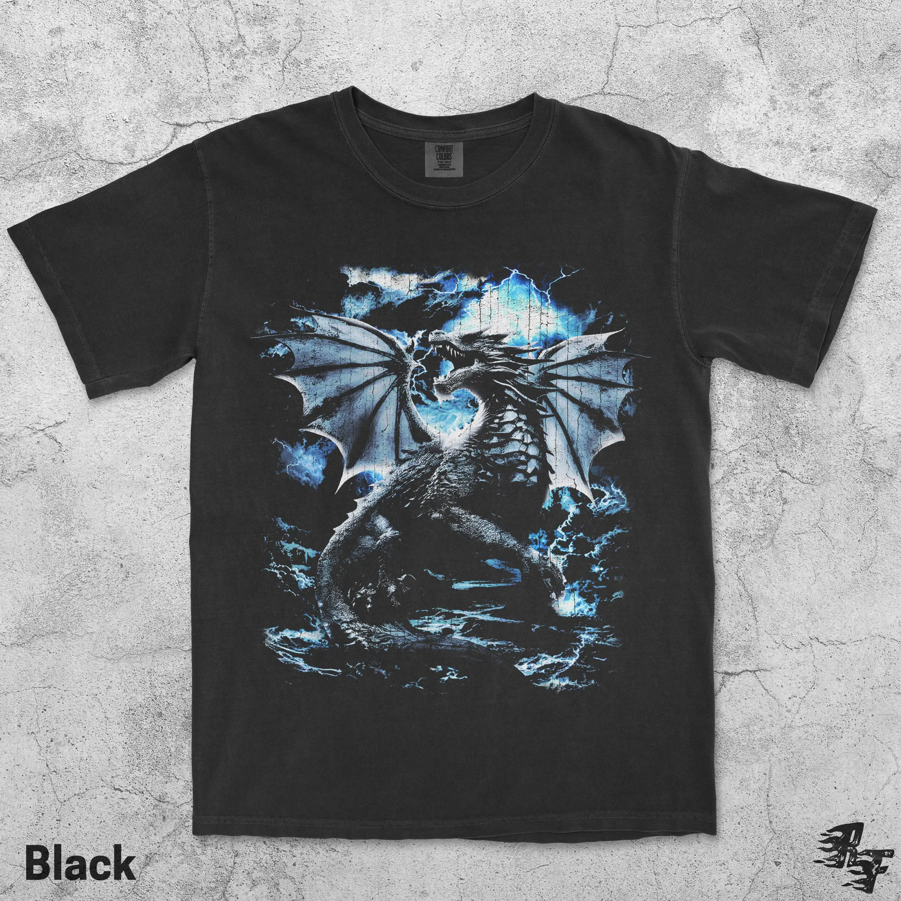 Y2K Dragon Lightning Fantasy T-Shirt, Vintage Grunge Medieval Grunge Tee, Washed Mythical Beast Dark Gothic Streetwear