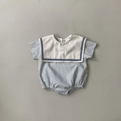 6754 Korean Newborn Clothes 2023 Summer New Navy Lapel Vertical Stripes Boy's One Piece Clothes Casual Girl's Climbing Clothes