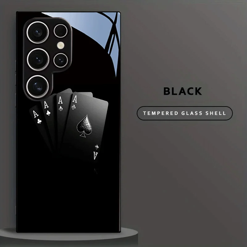 Black poker card pattern glass phone case suitable for Samsung Galaxy S26 S25 S24 S23 S22 S20 FE/Ultra/Plus anti drop back cover