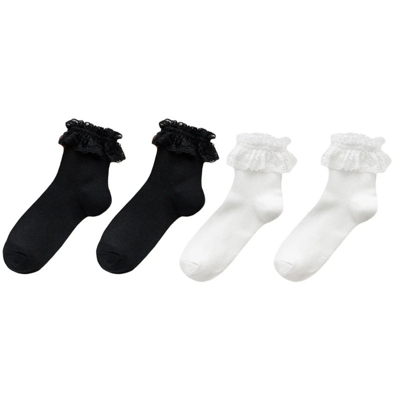 Women Girls Sweet Ruffle Frilly Lace Short Socks Japanese School Solid Color Breathable Mesh Hosiery