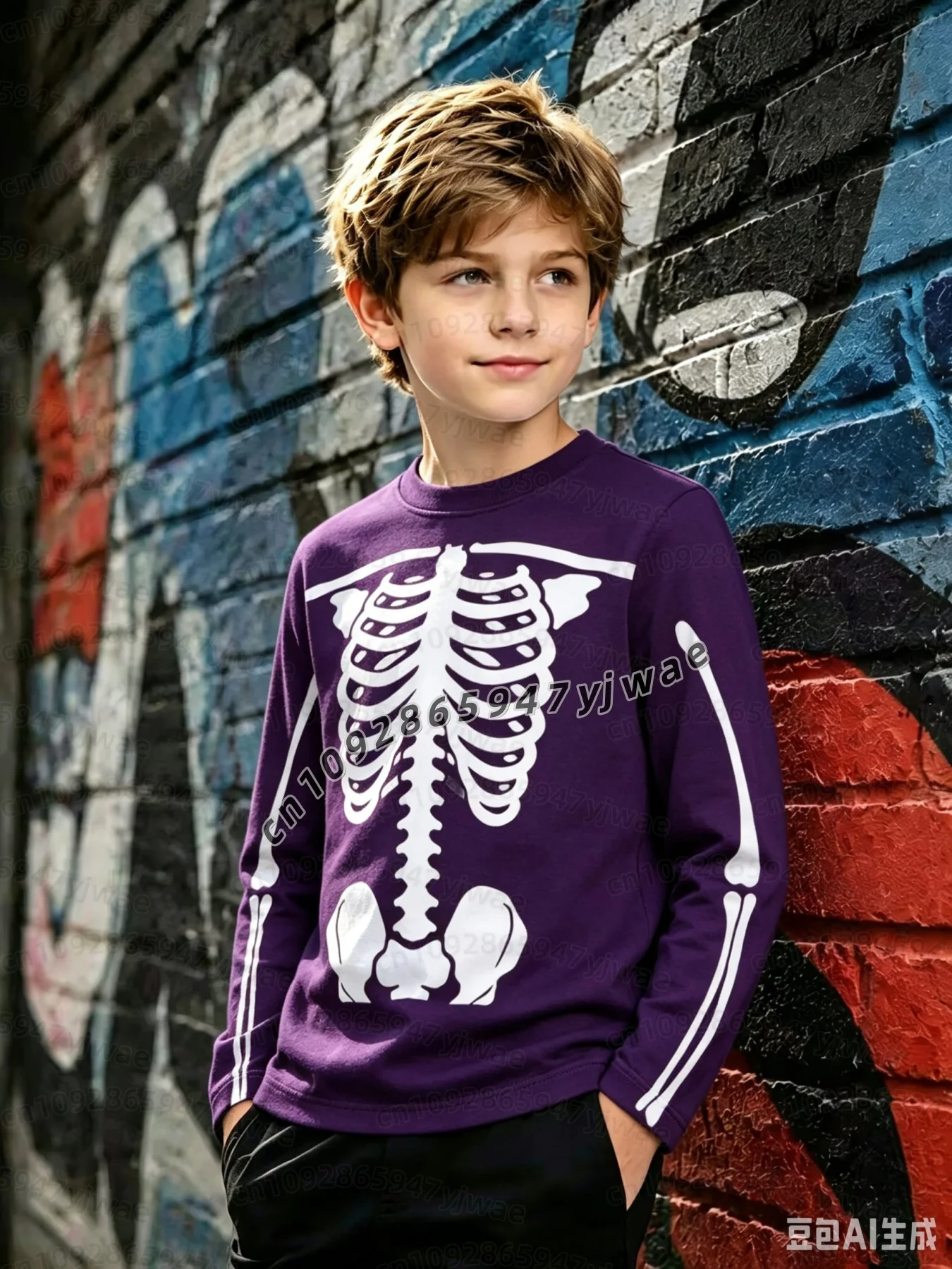 Halloween KIDS Herren Damen Gothic Skelett-Print Langarmshirt Rundhals-Oberteil Freizeit- & Themenbekleidung Halloween Kinder T-Shirt – Detail 7