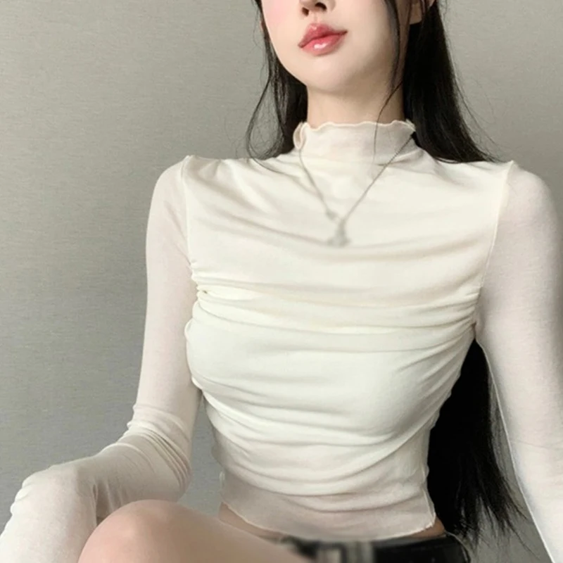 

Women's Shirt Crop Top Spring Autumn Retro Pleated Design Hot Girl Long Sleeve Half Turtleneck Short Casual Slim Sexy