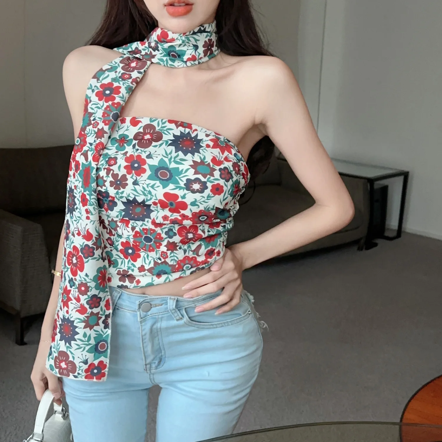 One shoulder Thai vacation style ribbon floral sexy strapless vest for women pure desire tea art sweet spicy girl short top