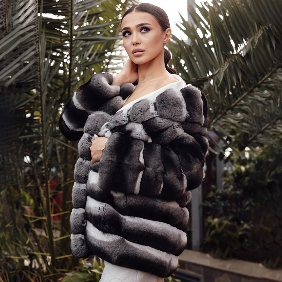 Chinchilla Color Fur Coat Women Real Rex Rabbit Fur Coat Hot Selling Women Warm Winter Jackets Short Fur Coat