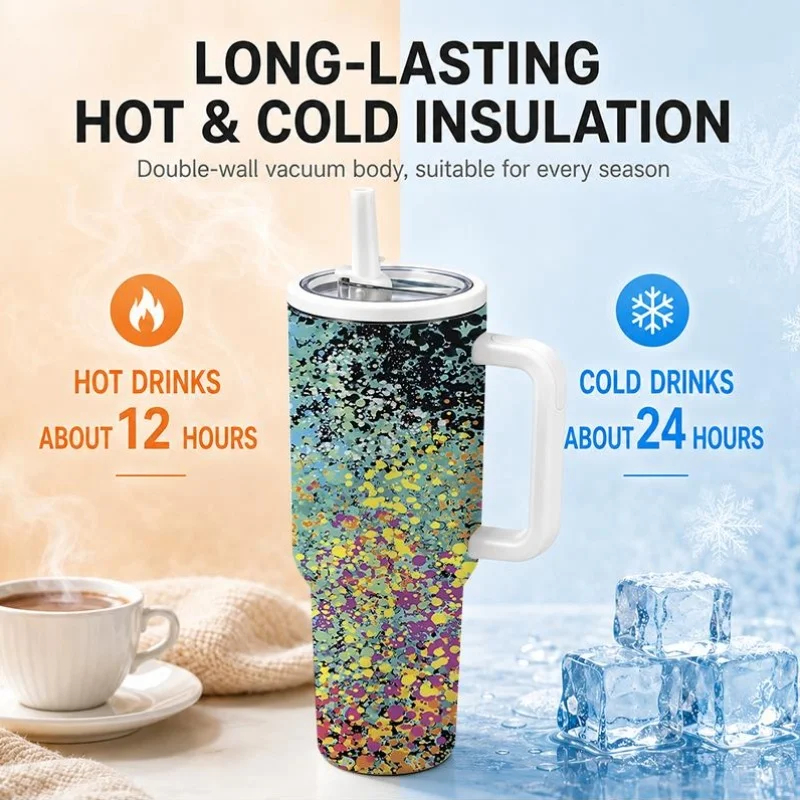 1pc 40Oz 304 Stainless Steel Handheld Cup Colorful Abstract Paint Splatter Pattern Insulated Tumbler with Handle And Straw for Home Office Travel Outdoor Suitable Gifts for Halloween Christmas And Other Special Festivals