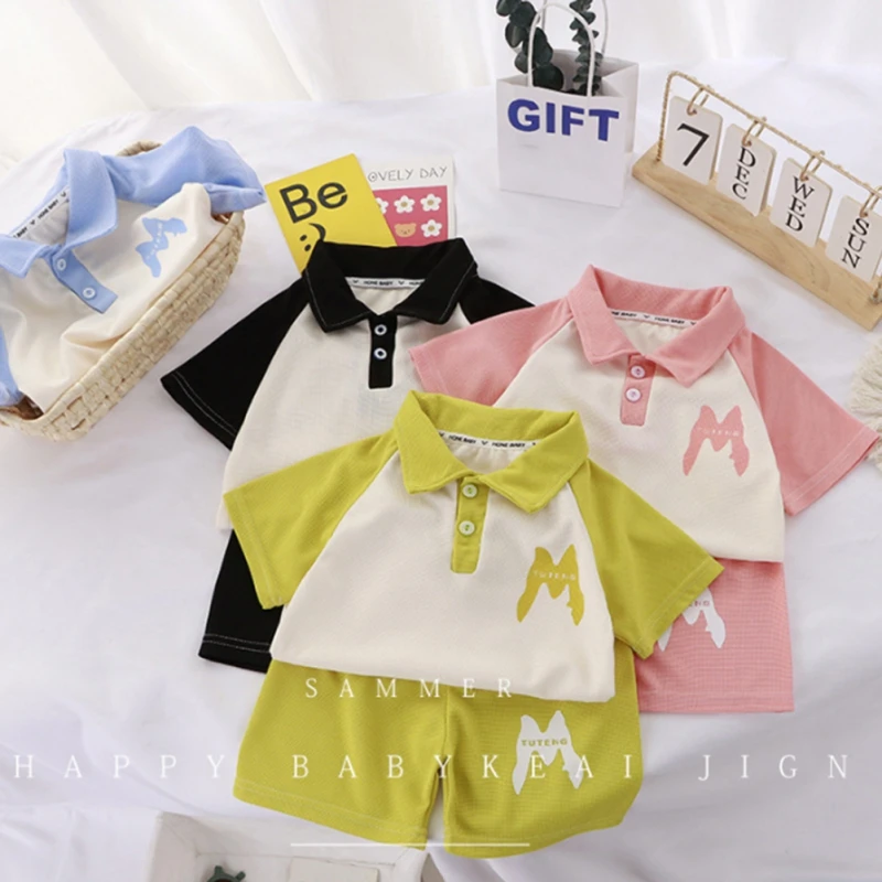 

Children's Summer Cute Lapel Casual Sports Suit Soft And Comfortable Breathable Short Sleeve Plus Shorts Two-Piece Multi-color