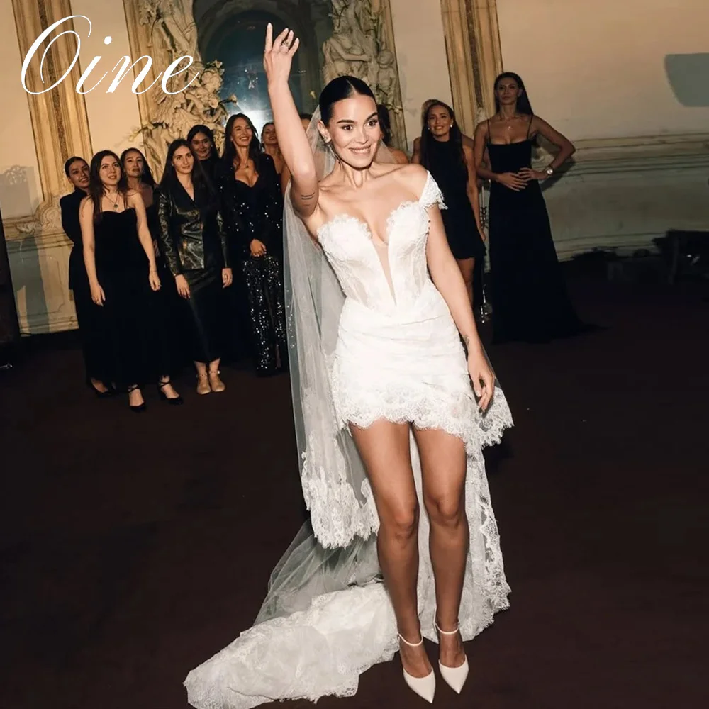 Oine Elegant Asymmetrical Lace Mini Wedding Dress One-Shoulder Sweetheart Collar Classic Sleeveless Brides Gown Customized 2026