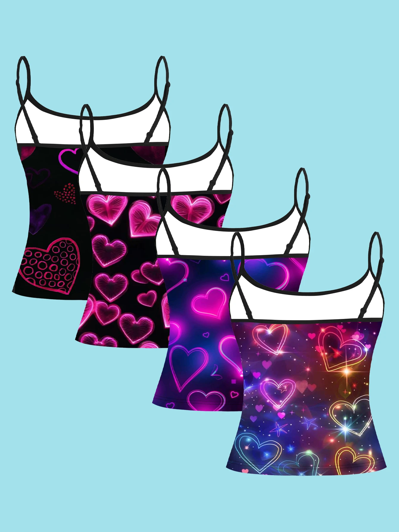 4-Piece Set of Y2K Neon Colorful Luminous Heart-Print Camisoles, Black Base with Pink and Purple Gradient Light Effect Heart Star Design, Women's Slim-Fit Spaghetti Strap Sleeveless Tops for Outerwear or Layering