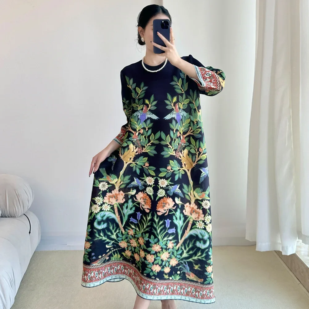 Miyake Vintage Print Dress Simple Summer Seven Sleeve Casual Pleated Dresses