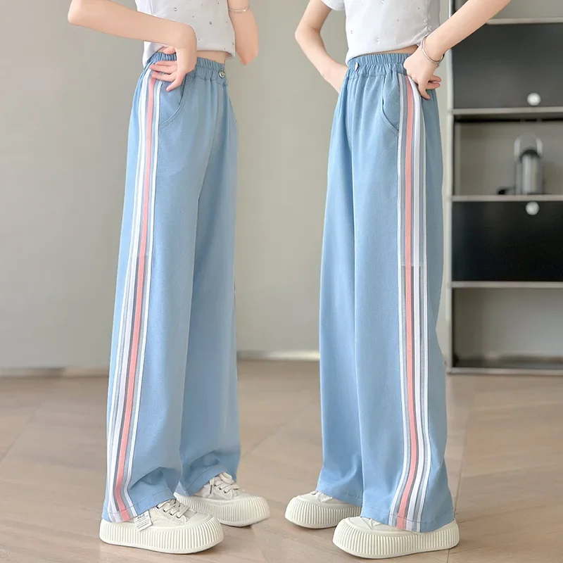 Summer Ice Silk Cotton Jeans Girls Soft High Waist Wide Leg Pants Kids Thin Loose Casual Trousers Ankle Length Cool Denim Pants