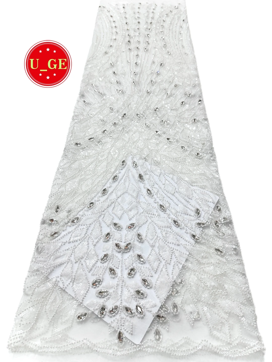 

2026Luxurious Soft Beaded Lace Fabric with Biggest Stones–Elegant High-Quality White Lace for Wedding&Evening DressesU_GE5278