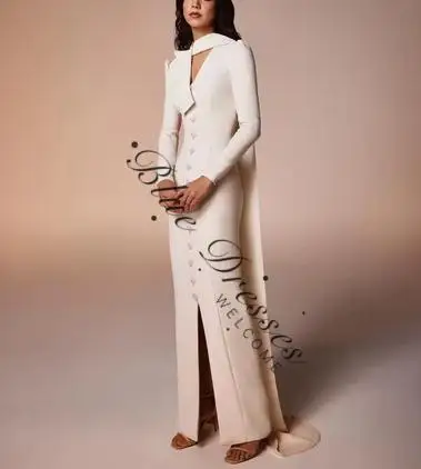 customized V-Neck Long Sleeves Beading Evening Dress Graceful Ribbons Pleats Watteau Train White Vestido De Noche
