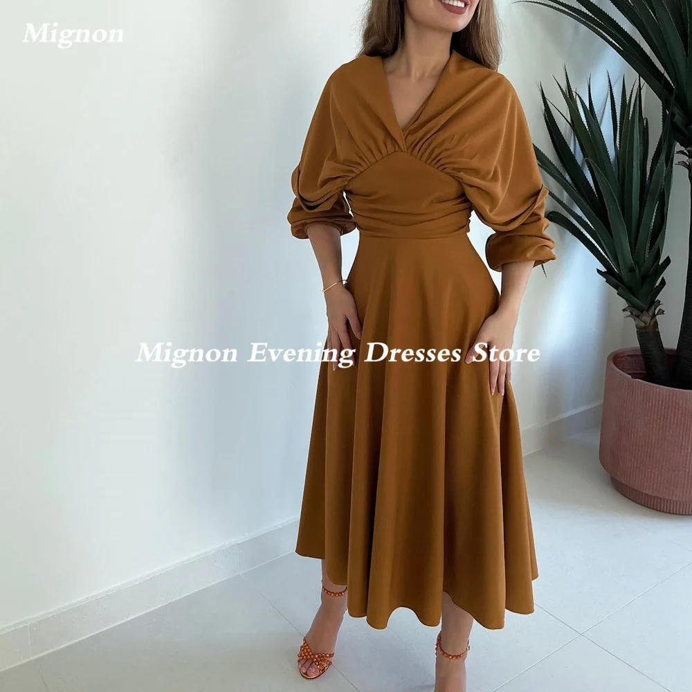 Mignon Satin A-line V-neck Ruffle Formal Prom Gown Ankle Length luxury Evening Formal Elegant Party Dress for Women 2023