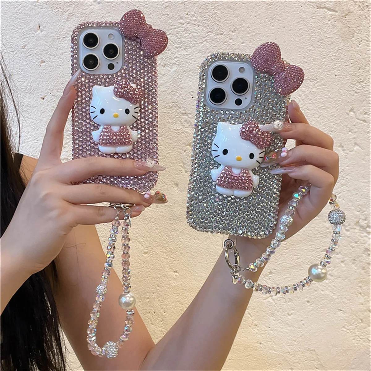 

Luxury Glitter Bow Diamond Hello Kitty Phone Case For iPhone 16 Pro 15 14 13 Pro Max Cover with Chain Cute Cartoon Cases