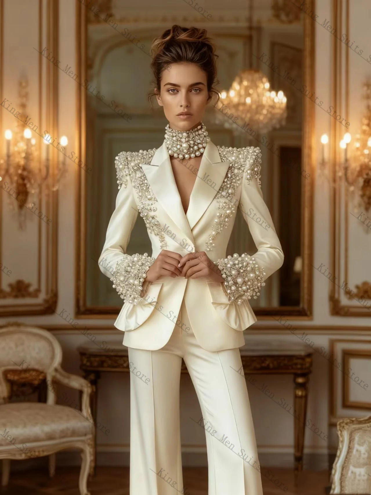 Beige Pearls Women Suit Set 2 Pcs Blazer+Flare Pants Trousers Luxury Customized Formal Guest Wedding Tuxedos Coat Jacket