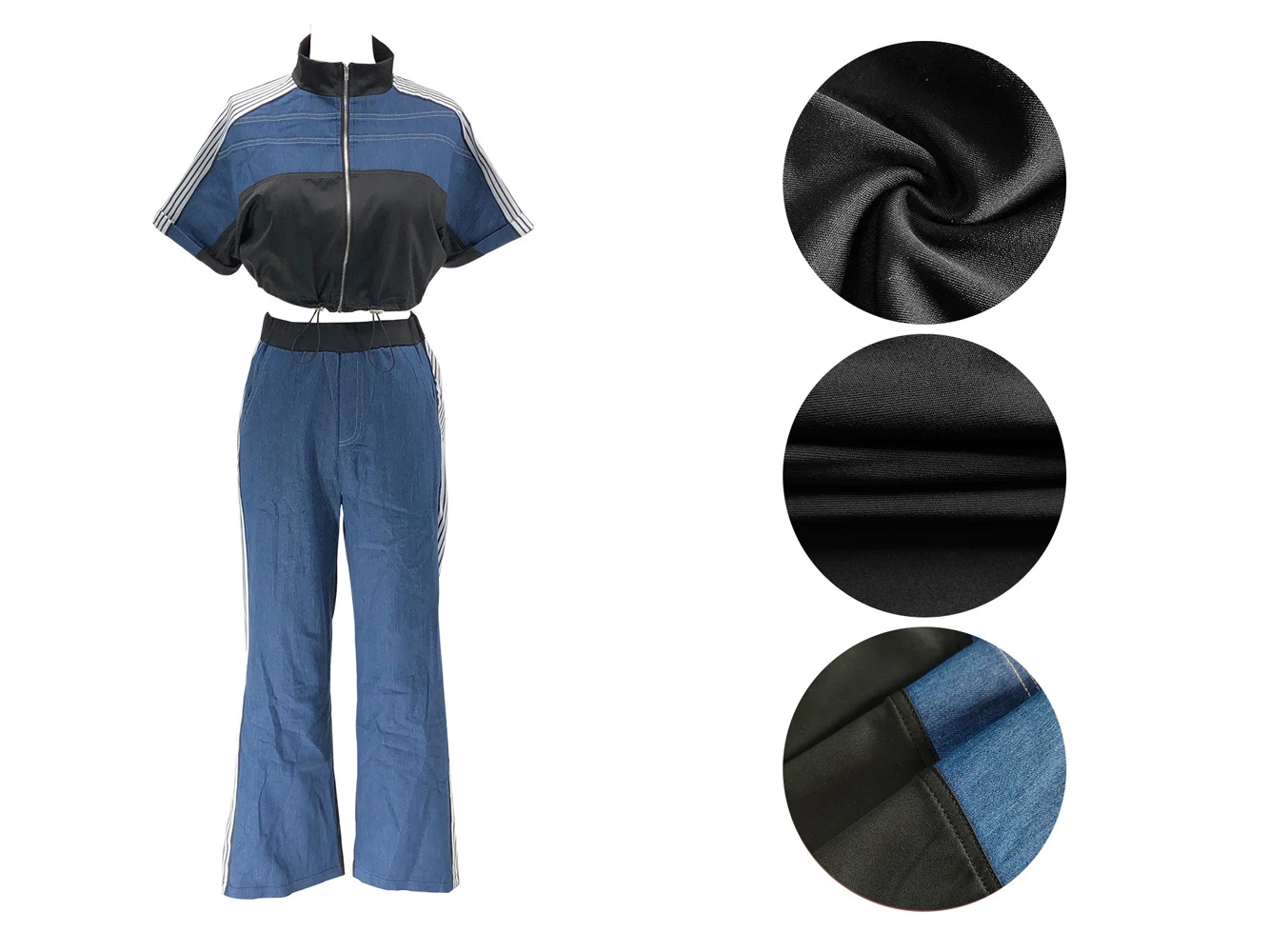 Lovely 2 Pieces Women Sets Striped Crop Top Denim Patchwork Wide Leg Pants Suits 2025 Two Piece Set Loungewear Tracksuit Outfits