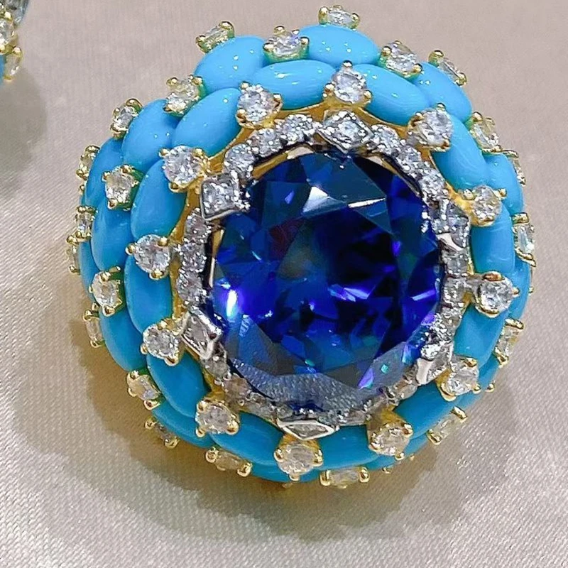 KQDANCE 925 Sterling Silver Luxury Fashion Design Sapphire Blue Turquoise Ring Cubic Zirconia Party Festival Gift