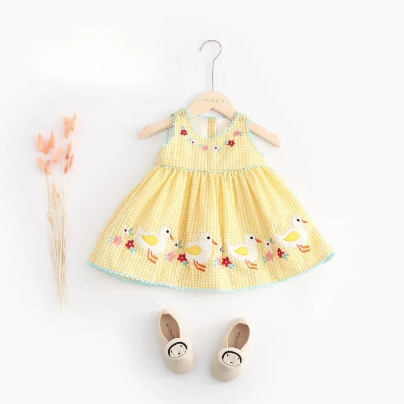 2025 Summer Baby Girls' Duck Print Dress - 0-6Yrs Sleeveless Embroidered Toddler Outfit