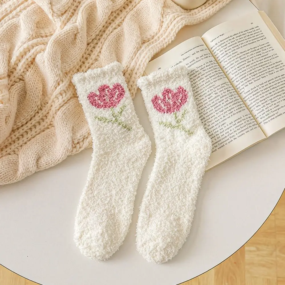 

Winter Comfortable Trendy Ruffle Thick Flower Sweet Middle Tube Coral Velvet Female Socks Korean Style Socks